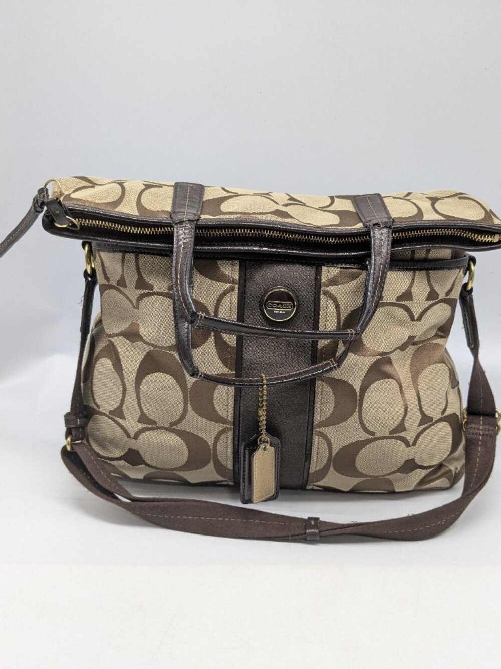 Authentic Coach Monogram Canvas Brown Signature Stripe Foldover Shoulder Bag